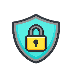 Shield icon with a yellow lock in the center on a white background